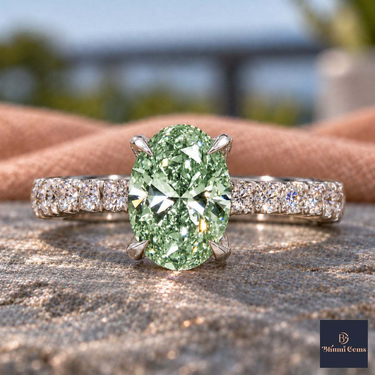 Green Oval Cut Lab Grown Diamond Engagement Ring - Cathedral Pave Band in white gold, close-up