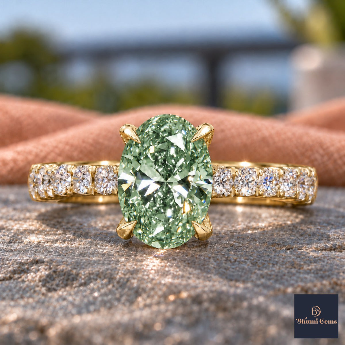 Green Oval Cut Lab Grown Diamond Engagement Ring - Cathedral Pave Band in yellow gold, close-up