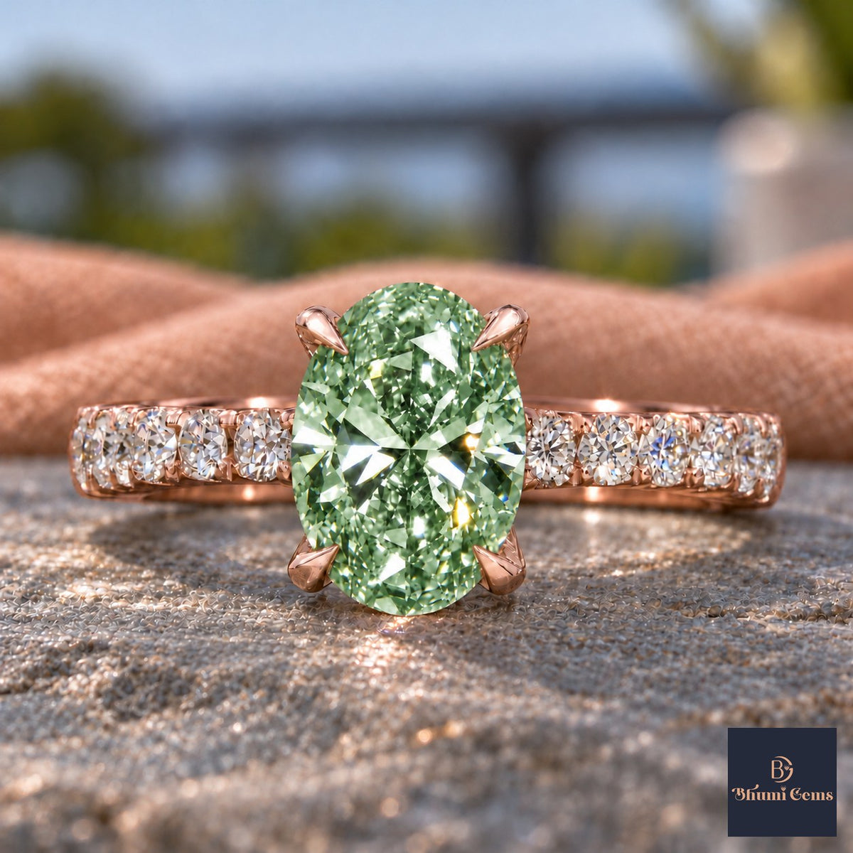 Green Oval Cut Lab Grown Diamond Engagement Ring - Cathedral Pave Band in rose gold, close-up