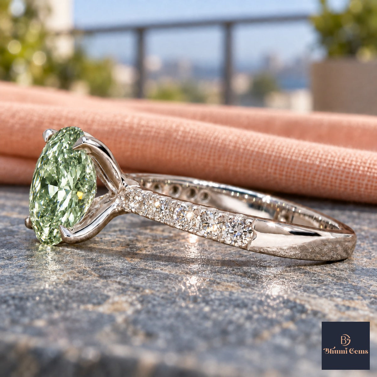 Green Oval Cut Lab Grown Diamond Engagement Ring - Cathedral Pave Band in white gold, side view