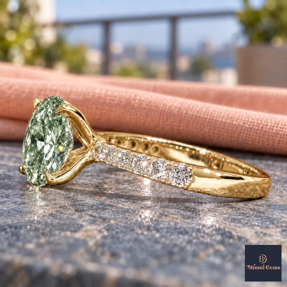 Green Oval Cut Lab Grown Diamond Engagement Ring - Cathedral Pave Band in yellow gold, side view