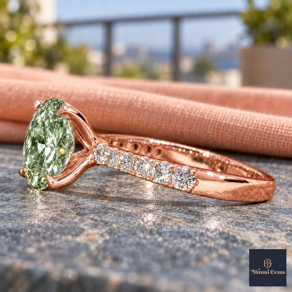 Green Oval Cut Lab Grown Diamond Engagement Ring - Cathedral Pave Band in rose gold, side view