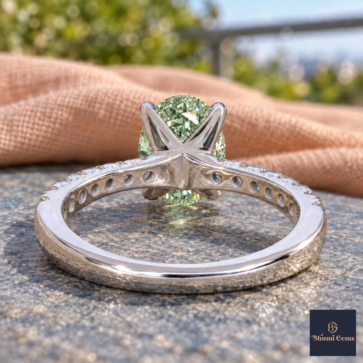 Green Oval Cut Lab Grown Diamond Engagement Ring - Cathedral Pave Band in white gold, gallery view