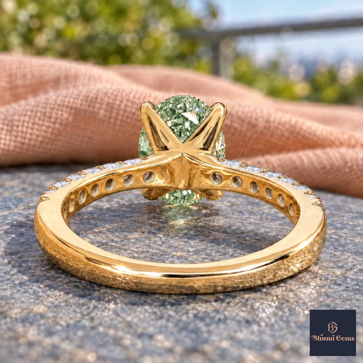 Green Oval Cut Lab Grown Diamond Engagement Ring - Cathedral Pave Band in yellow gold, gallery view
