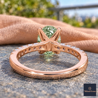 Green Oval Cut Lab Grown Diamond Engagement Ring - Cathedral Pave Band in rose gold, gallery view
