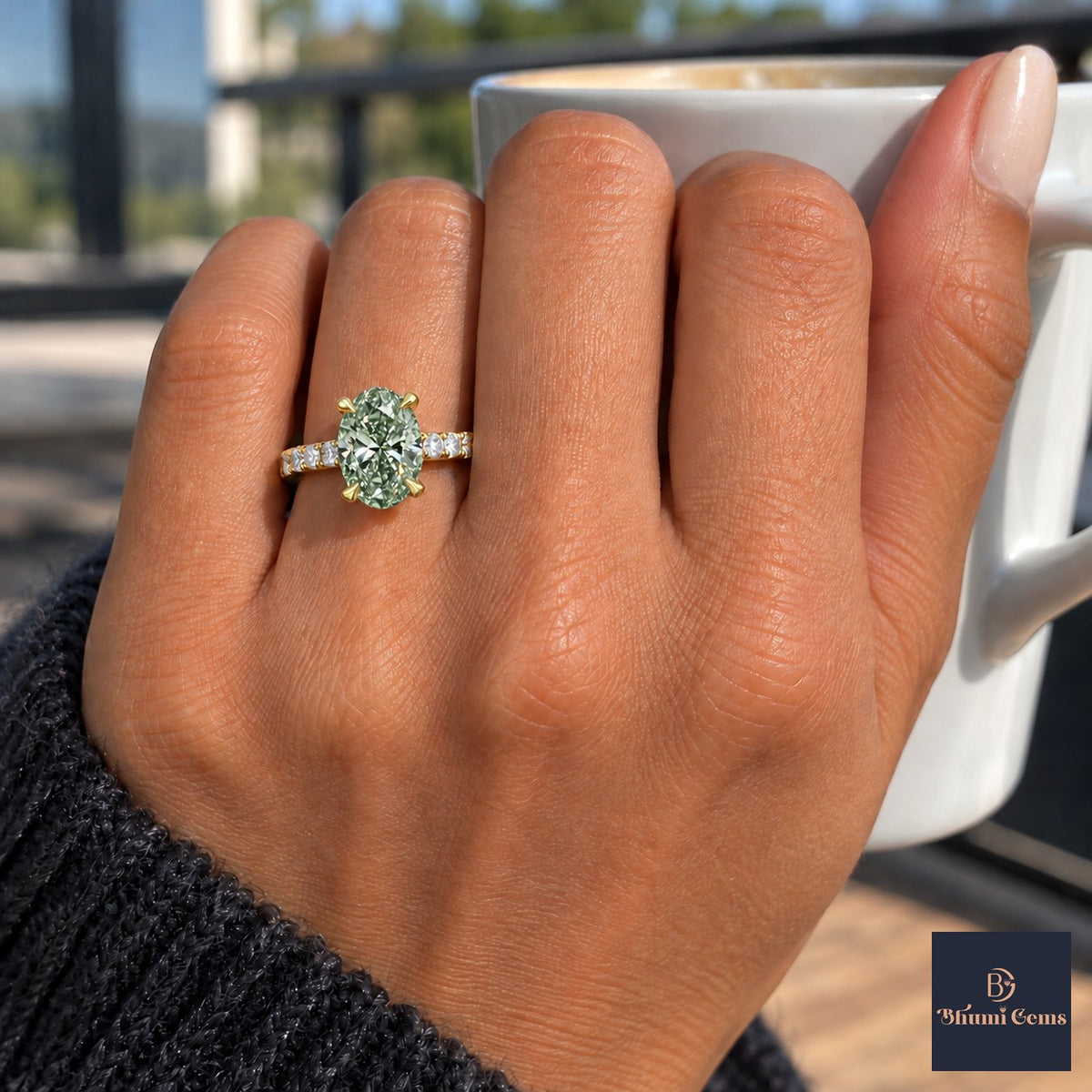 Green Oval Cut Lab Grown Diamond Engagement Ring - Cathedral Pave Band in yellow gold, on the hand