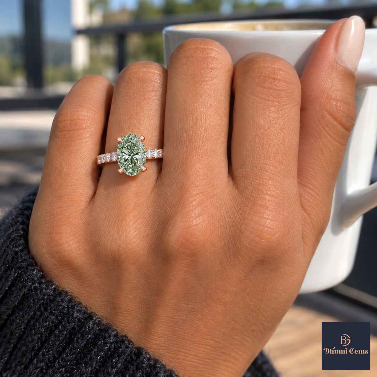 Green Oval Cut Lab Grown Diamond Engagement Ring - Cathedral Pave Band in rose gold, on the hand