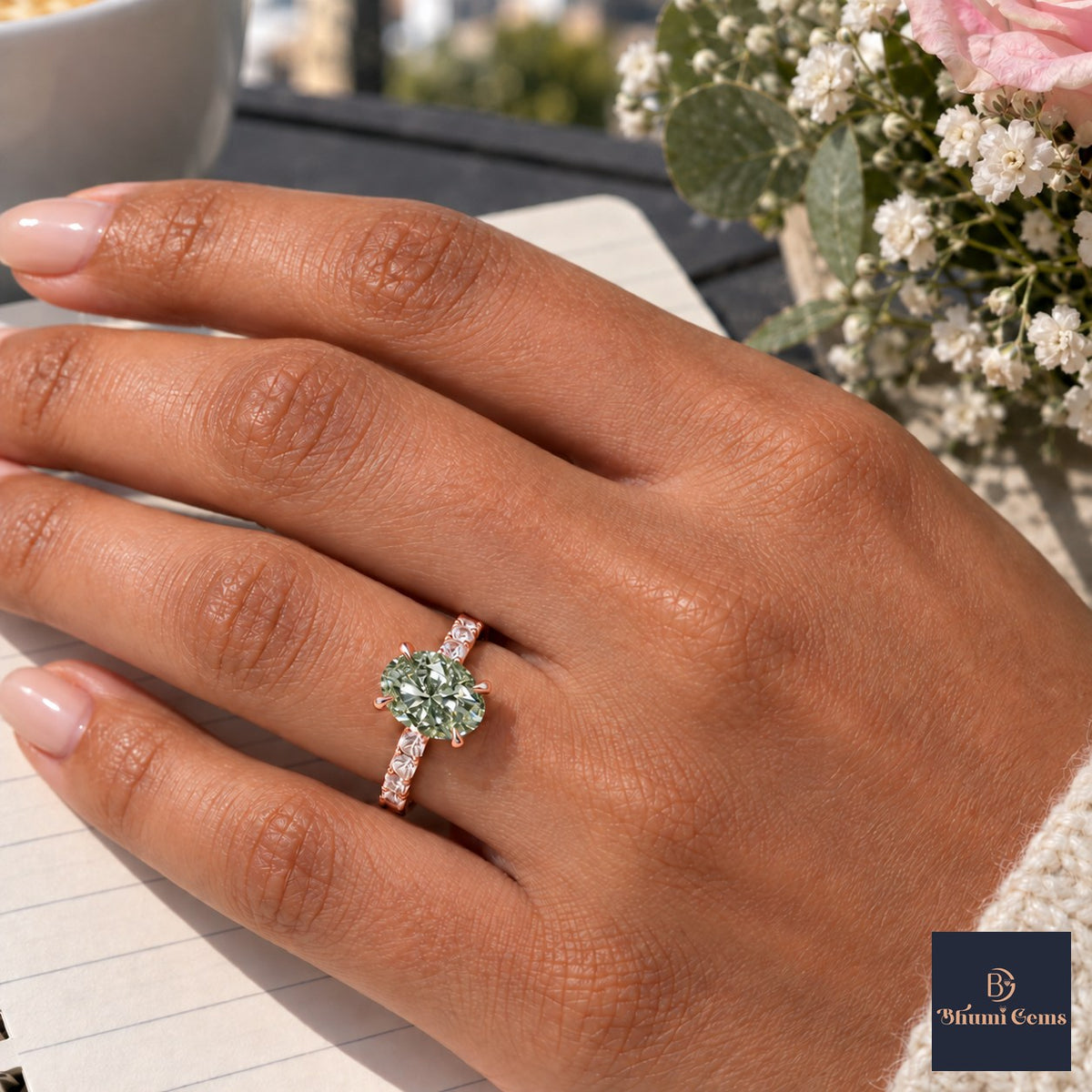 Green Oval Cut Lab Grown Diamond Engagement Ring - Cathedral Pave Band in rose gold, worn on the hand