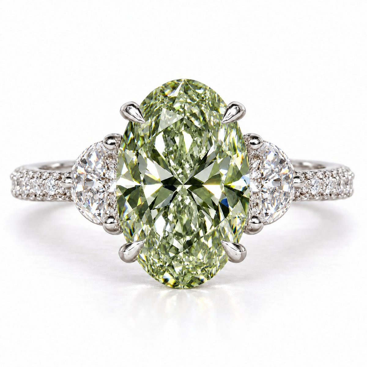 Green Oval Cut Lab Grown Diamond Engagement Ring - Half Moon Pave in white gold, front view