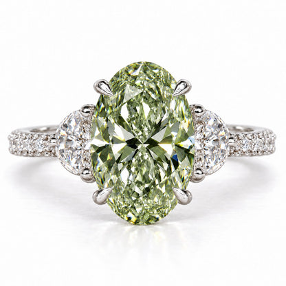 Green Oval Cut Lab Grown Diamond Engagement Ring - Half Moon Pave in white gold, front view