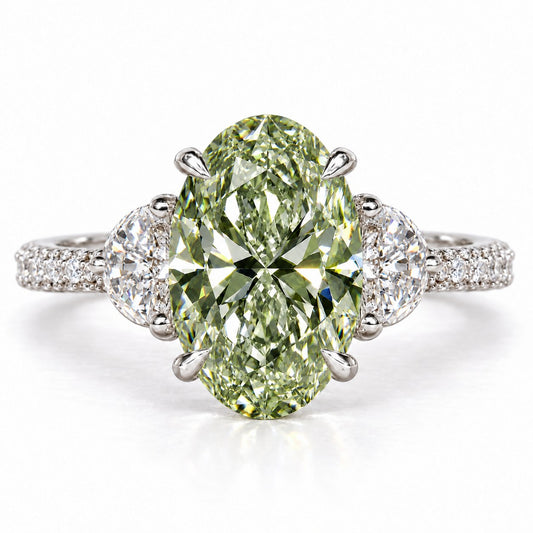 Green Oval Cut Lab Grown Diamond Engagement Ring - Half Moon Pave in white gold, front view