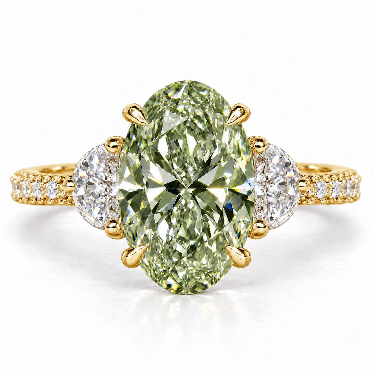 Green Oval Cut Lab Grown Diamond Engagement Ring - Half Moon Pave in yellow gold, front view