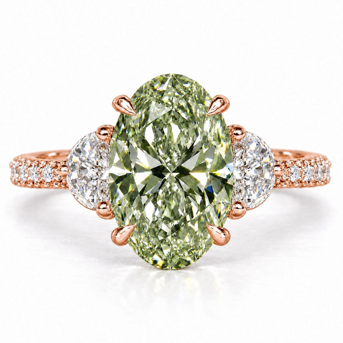Green Oval Cut Lab Grown Diamond Engagement Ring - Half Moon Pave in rose gold, front view