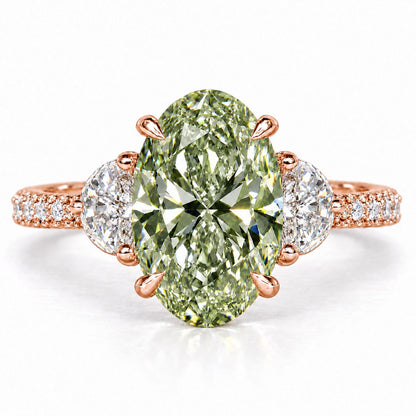 Green Oval Cut Lab Grown Diamond Engagement Ring - Half Moon Pave in rose gold, front view