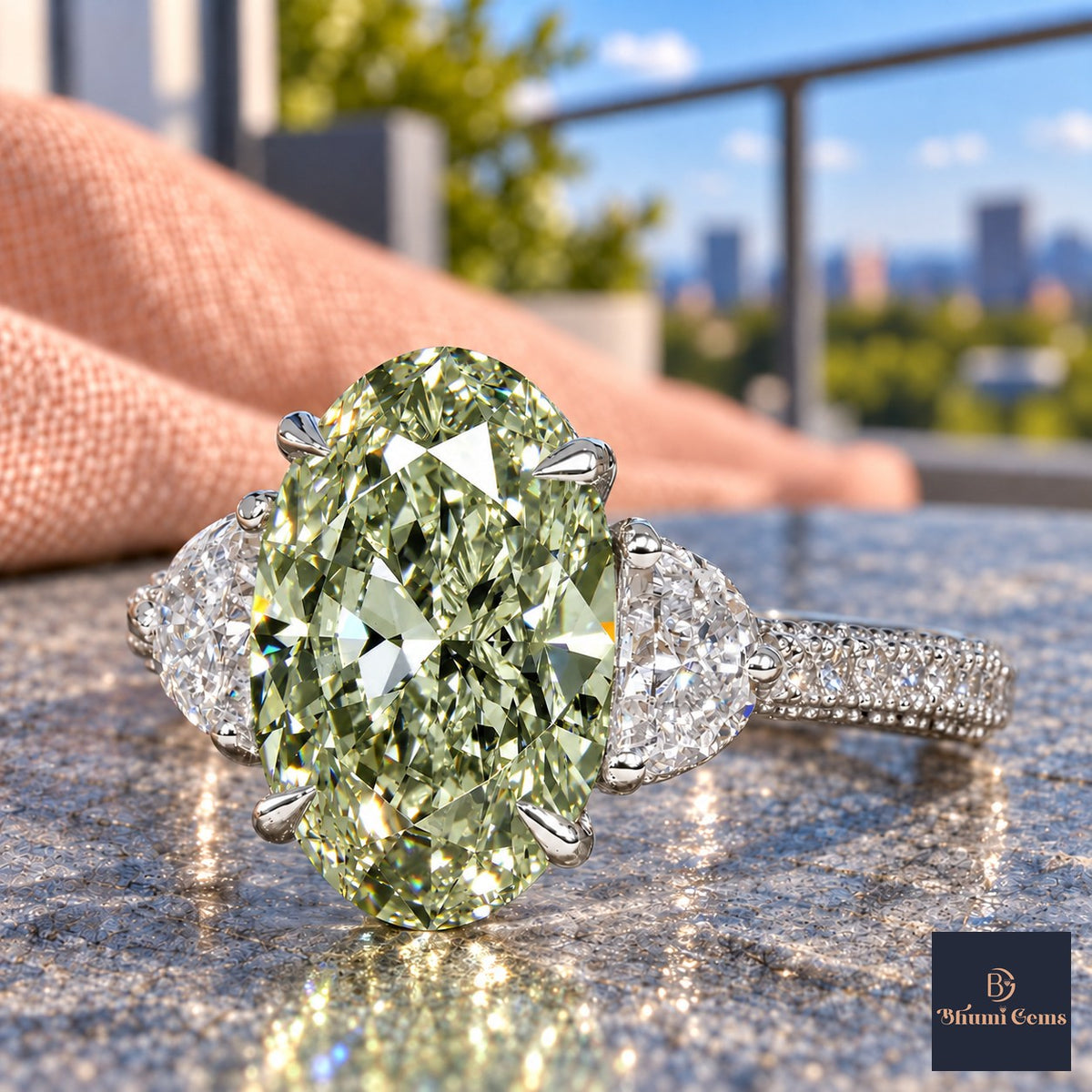 Green Oval Cut Lab Grown Diamond Engagement Ring - Half Moon Pave in white gold, close-up