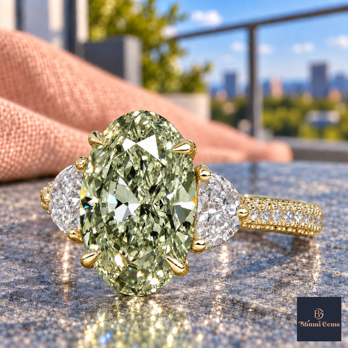 Green Oval Cut Lab Grown Diamond Engagement Ring - Half Moon Pave in yellow gold, close-up