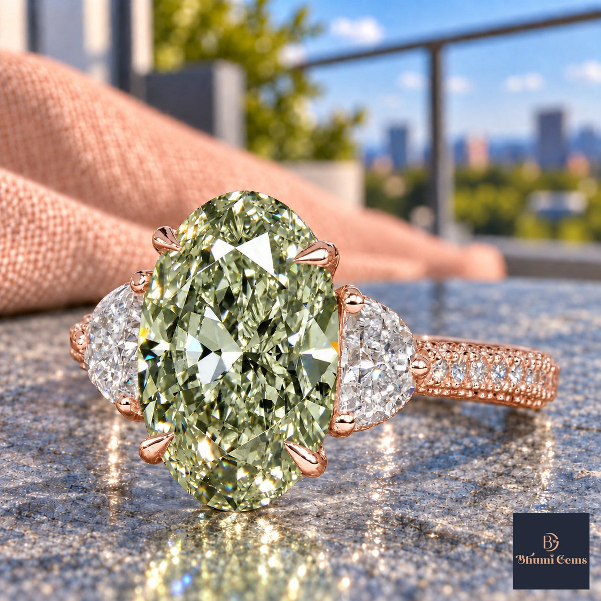 Green Oval Cut Lab Grown Diamond Engagement Ring - Half Moon Pave in rose gold, close-up
