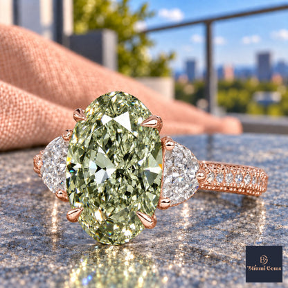 Green Oval Cut Lab Grown Diamond Engagement Ring - Half Moon Pave in rose gold, close-up