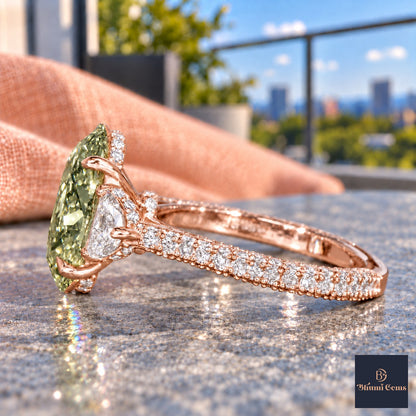Green Oval Cut Lab Grown Diamond Engagement Ring - Half Moon Pave in rose gold, side view