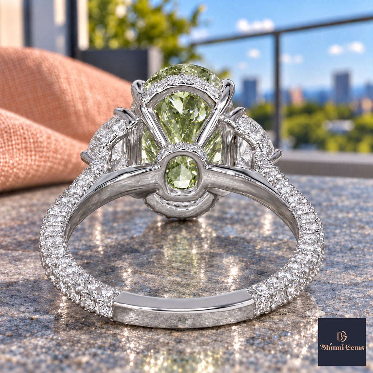 Green Oval Cut Lab Grown Diamond Engagement Ring - Half Moon Pave in white gold, gallery view