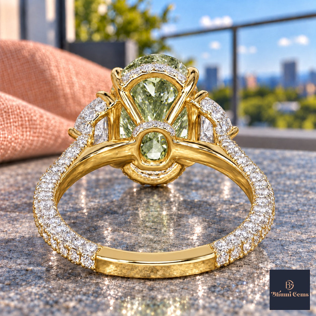 Green Oval Cut Lab Grown Diamond Engagement Ring - Half Moon Pave in yellow gold, gallery view