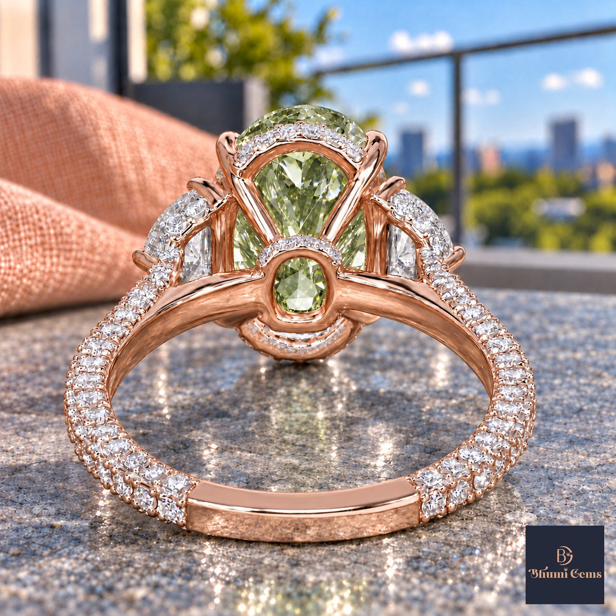 Green Oval Cut Lab Grown Diamond Engagement Ring - Half Moon Pave in rose gold, gallery view