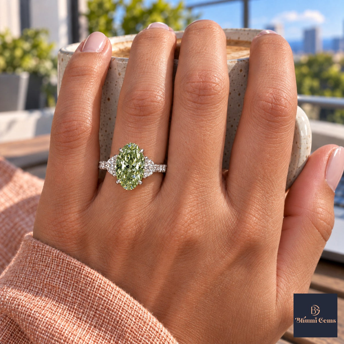 Green Oval Cut Lab Grown Diamond Engagement Ring - Half Moon Pave in white gold, on the hand