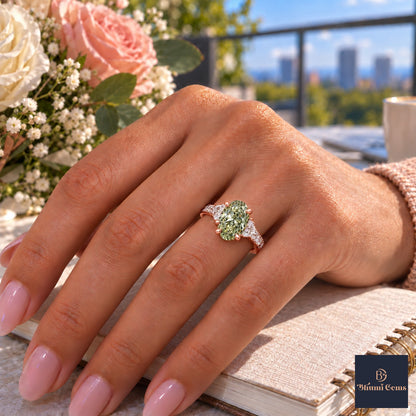 Green Oval Cut Lab Grown Diamond Engagement Ring - Half Moon Pave in rose gold, worn on the hand
