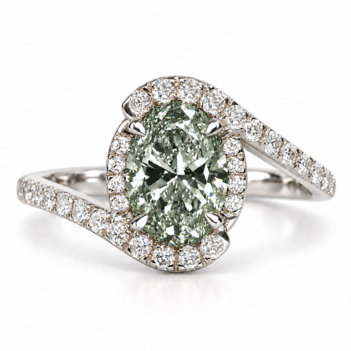 Green Oval Cut Lab Grown Diamond Engagement Ring - Halo Bypass in white gold, front view