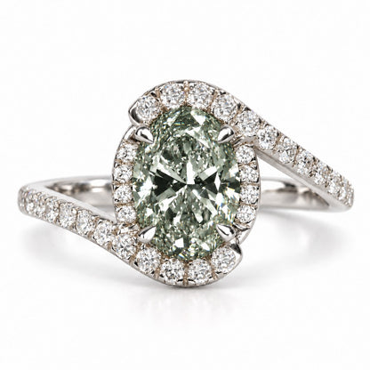 Green Oval Cut Lab Grown Diamond Engagement Ring - Halo Bypass in white gold, front view