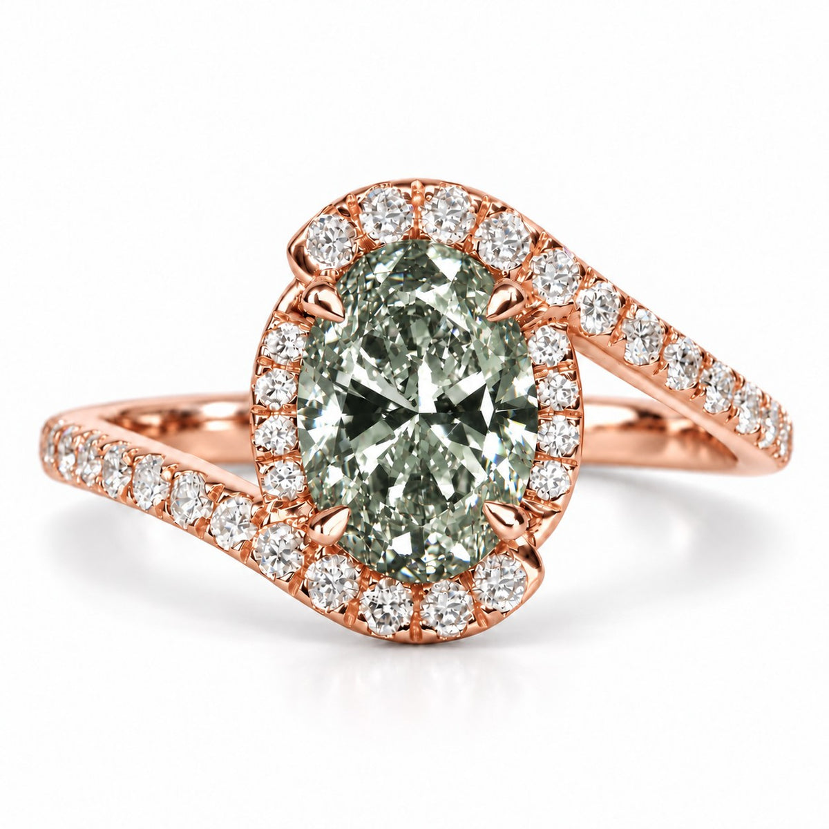 Green Oval Cut Lab Grown Diamond Engagement Ring - Halo Bypass in rose gold, front view