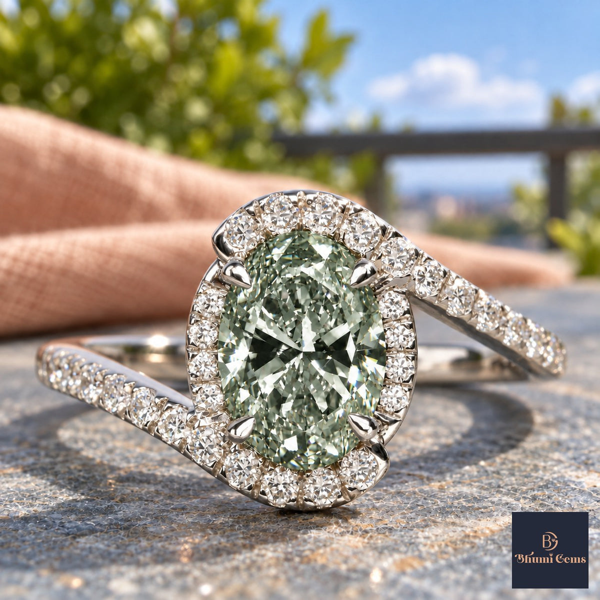 Green Oval Cut Lab Grown Diamond Engagement Ring - Halo Bypass in white gold, close-up