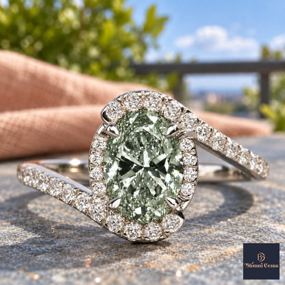 Green Oval Cut Lab Grown Diamond Engagement Ring - Halo Bypass in white gold, close-up