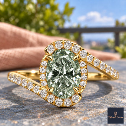 Green Oval Cut Lab Grown Diamond Engagement Ring - Halo Bypass in yellow gold, close-up