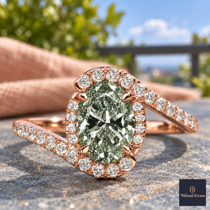 Green Oval Cut Lab Grown Diamond Engagement Ring - Halo Bypass in rose gold, close-up