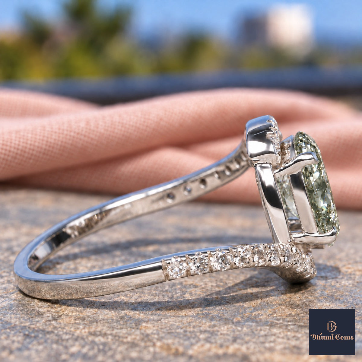 Green Oval Cut Lab Grown Diamond Engagement Ring - Halo Bypass in white gold, side view