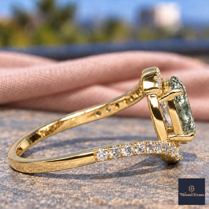Green Oval Cut Lab Grown Diamond Engagement Ring - Halo Bypass in yellow gold, side view