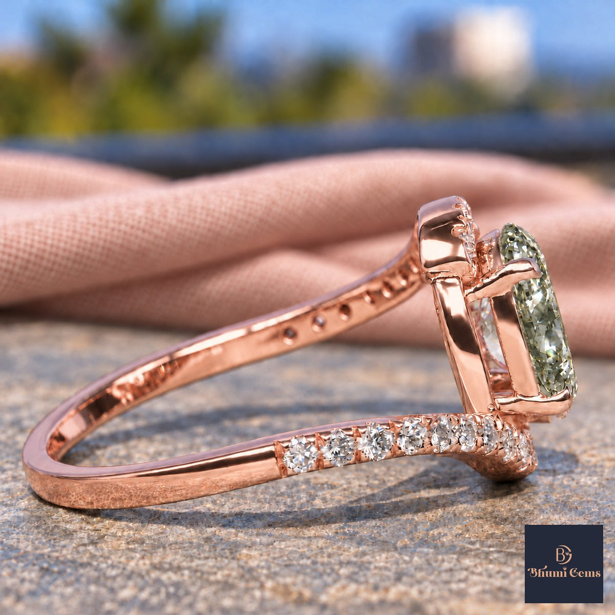 Green Oval Cut Lab Grown Diamond Engagement Ring - Halo Bypass in rose gold, side view