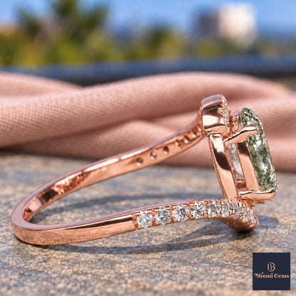 Green Oval Cut Lab Grown Diamond Engagement Ring - Halo Bypass in rose gold, side view
