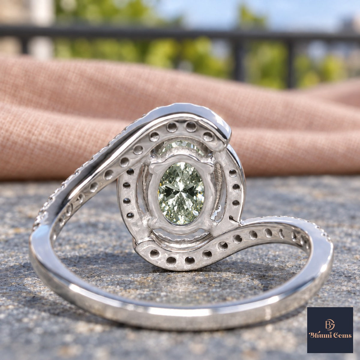 Green Oval Cut Lab Grown Diamond Engagement Ring - Halo Bypass in white gold, gallery view
