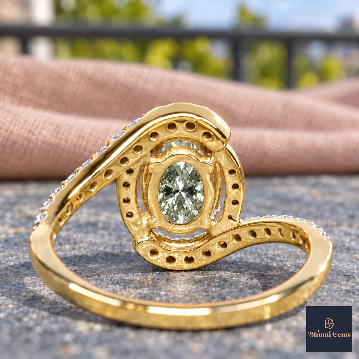Green Oval Cut Lab Grown Diamond Engagement Ring - Halo Bypass in yellow gold, gallery view