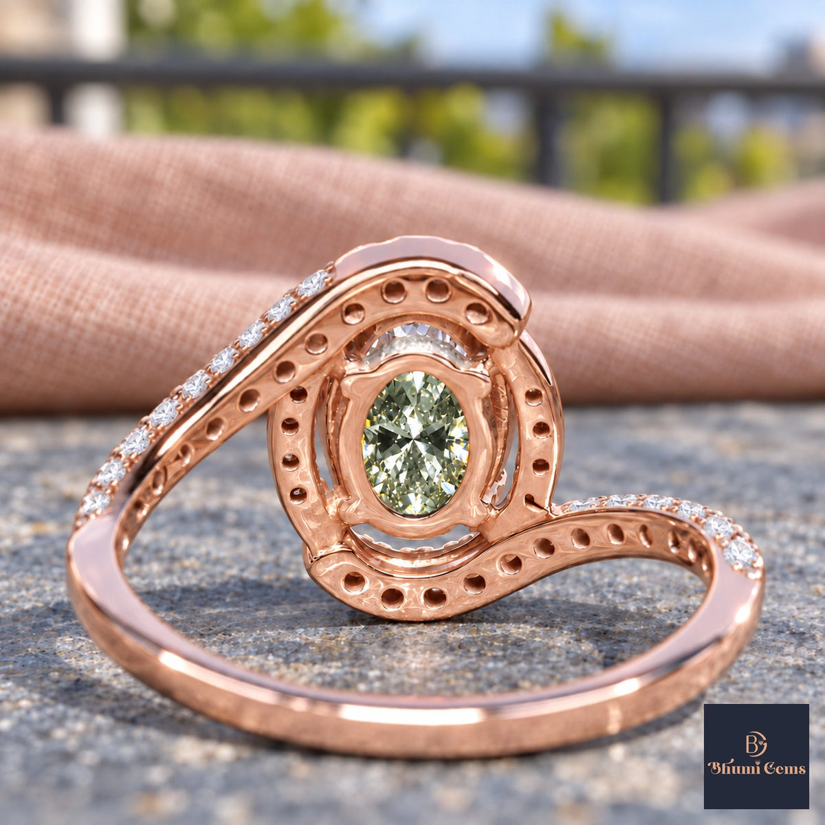 Green Oval Cut Lab Grown Diamond Engagement Ring - Halo Bypass in rose gold, gallery view