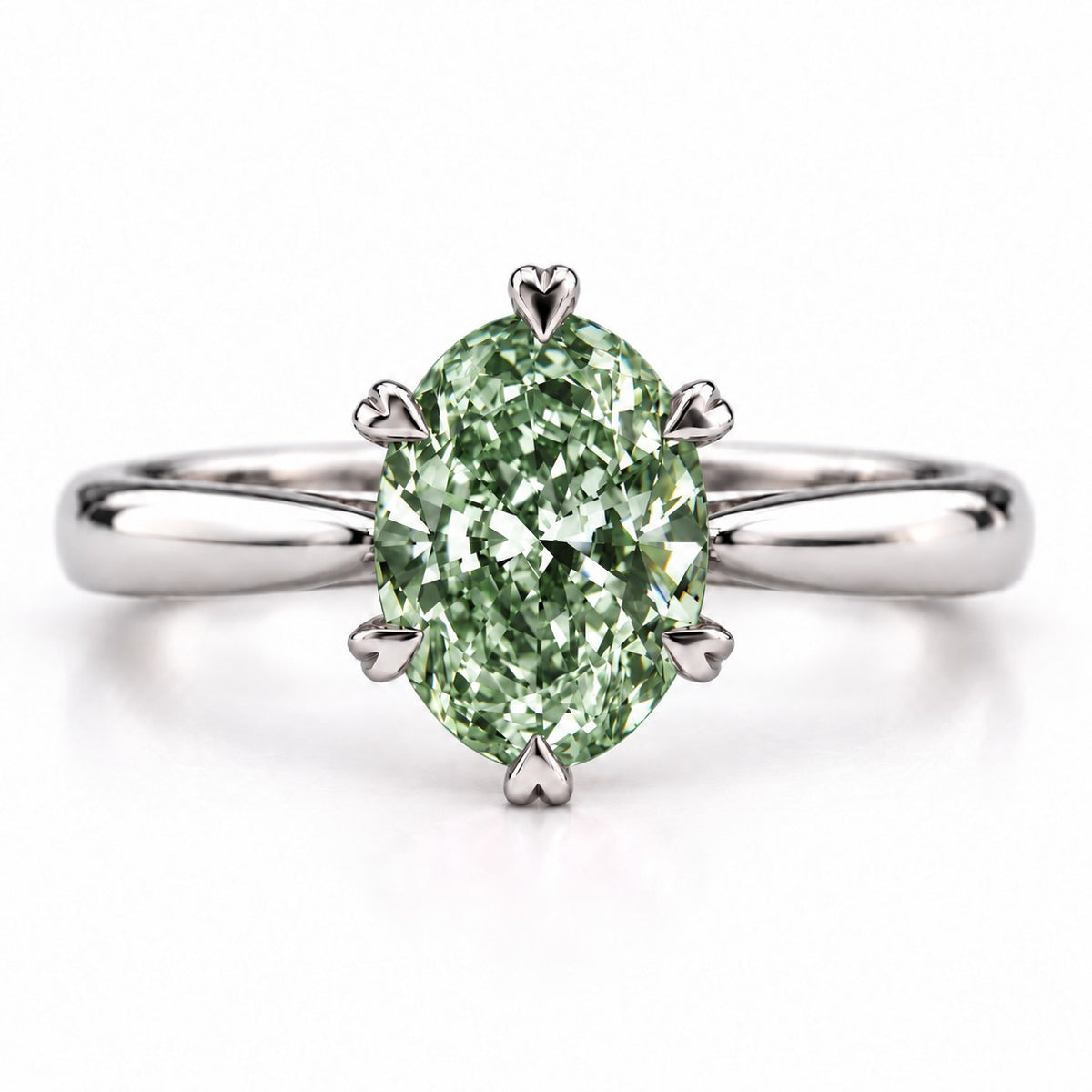 Green Oval Cut Lab Grown Diamond Engagement Ring - Heart Prong Solitaire in white gold, front view