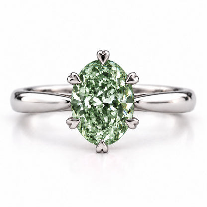 Green Oval Cut Lab Grown Diamond Engagement Ring - Heart Prong Solitaire in white gold, front view
