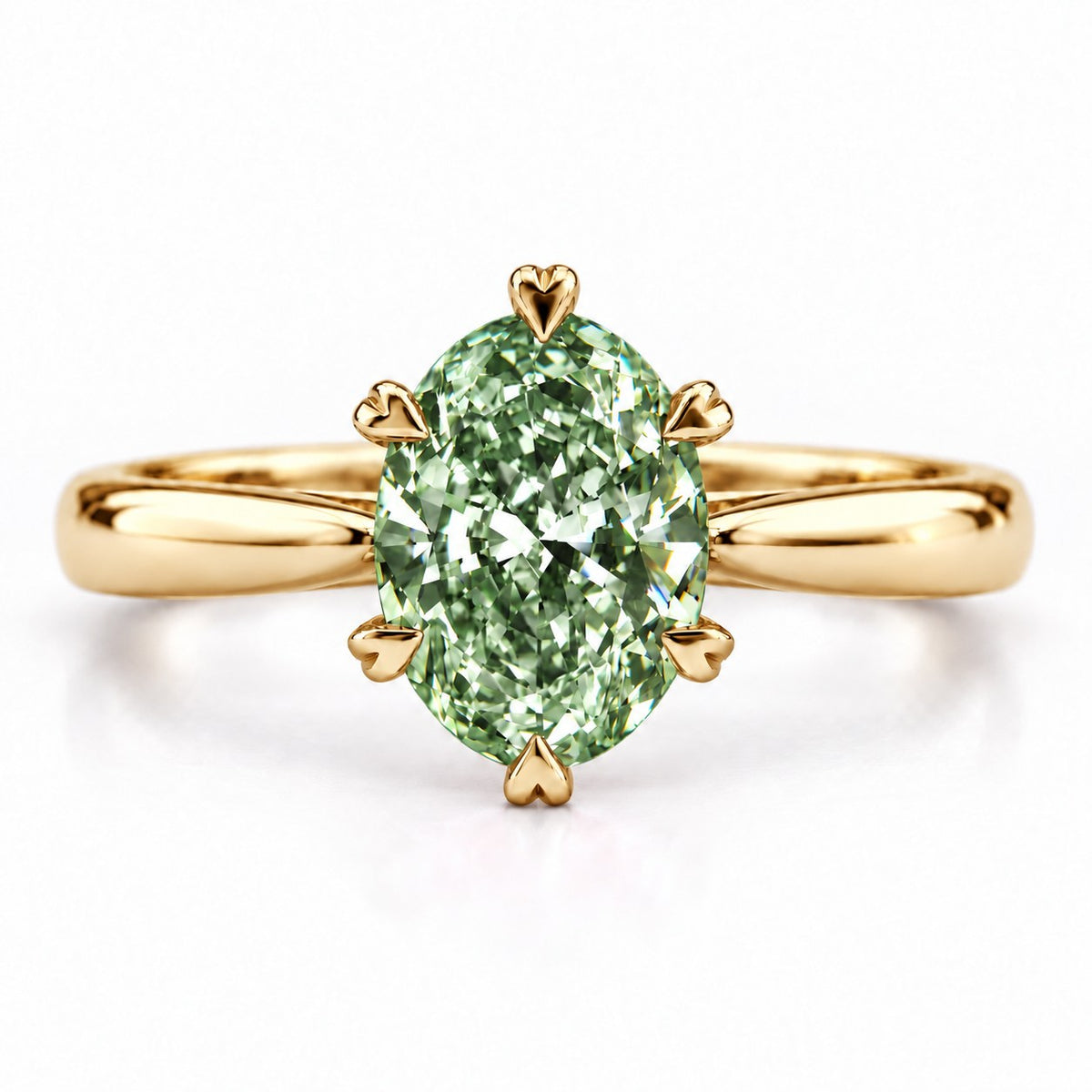 Green Oval Cut Lab Grown Diamond Engagement Ring - Heart Prong Solitaire in yellow gold, front view