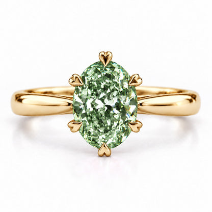 Green Oval Cut Lab Grown Diamond Engagement Ring - Heart Prong Solitaire in yellow gold, front view
