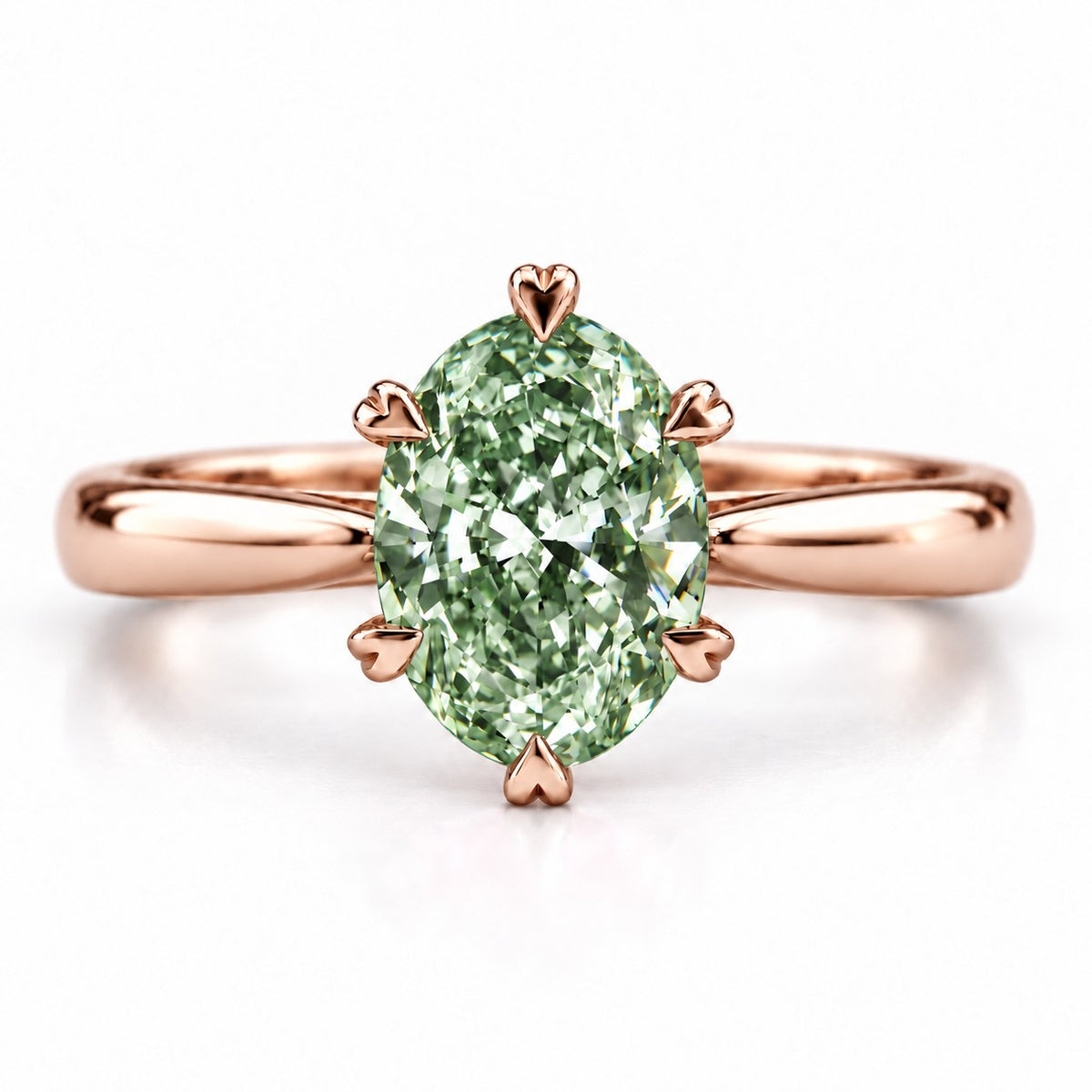 Green Oval Cut Lab Grown Diamond Engagement Ring - Heart Prong Solitaire in rose gold, front view