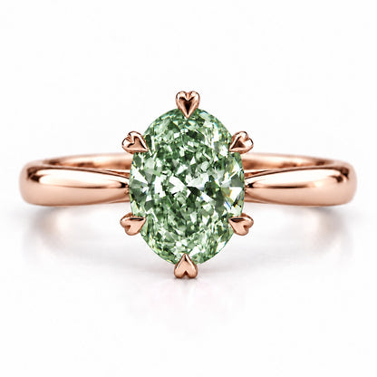 Green Oval Cut Lab Grown Diamond Engagement Ring - Heart Prong Solitaire in rose gold, front view