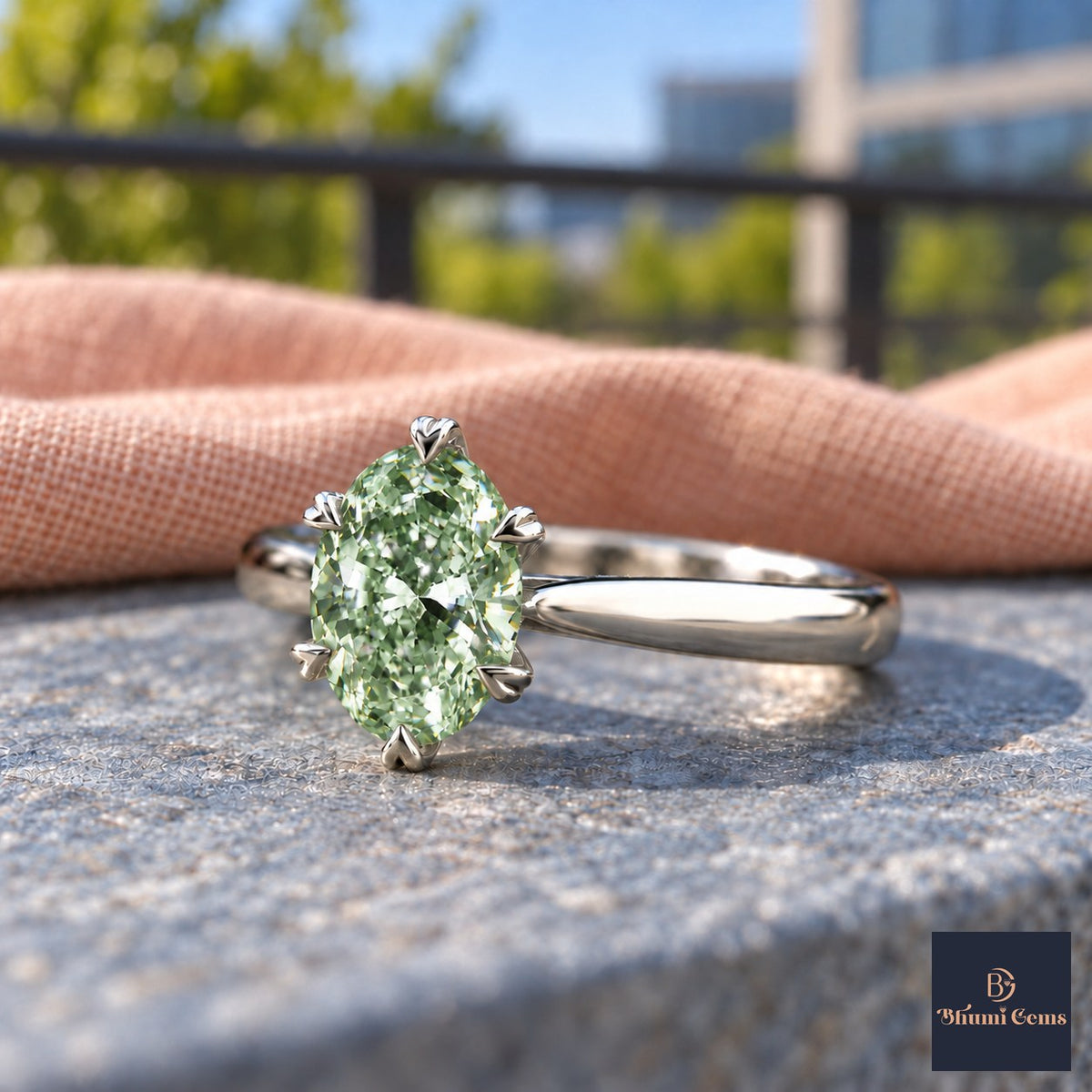 Green Oval Cut Lab Grown Diamond Engagement Ring - Heart Prong Solitaire in white gold, close-up
