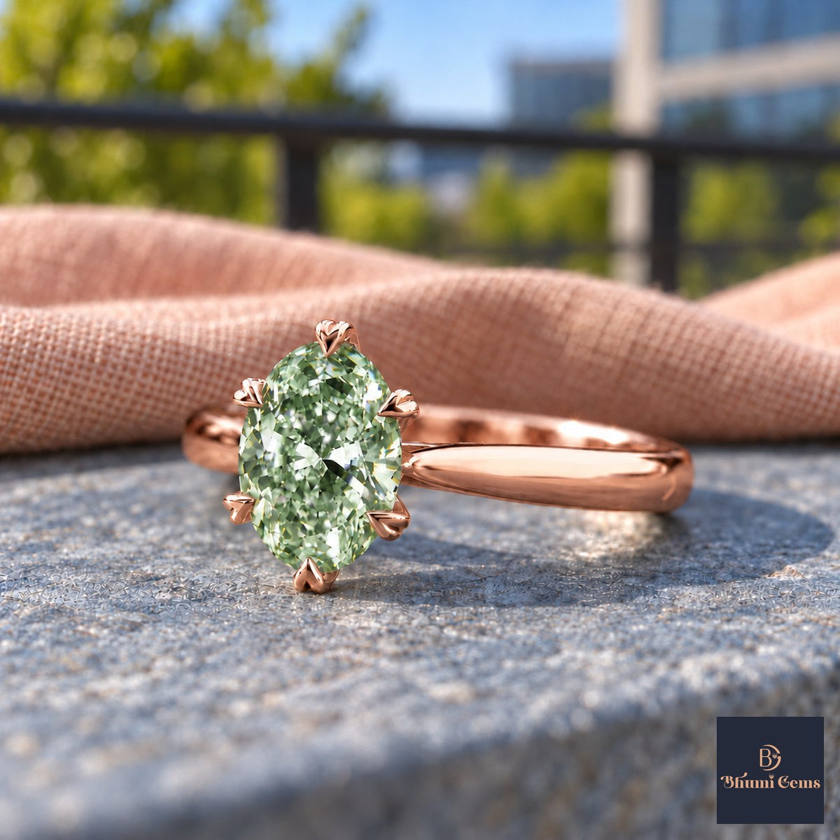 Green Oval Cut Lab Grown Diamond Engagement Ring - Heart Prong Solitaire in rose gold, close-up